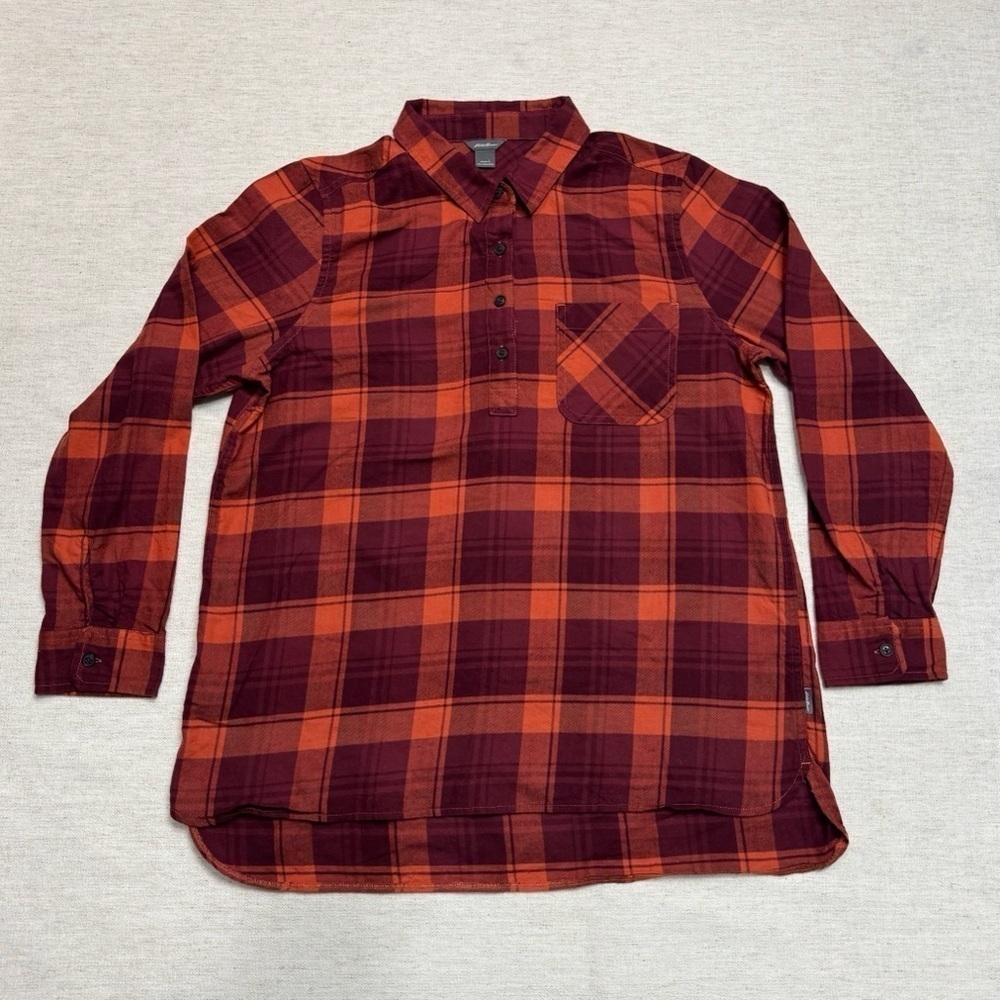 Eddie Bauer Womens Long Sleeve Pullover Top Large Plaid Orange Maroon Casual